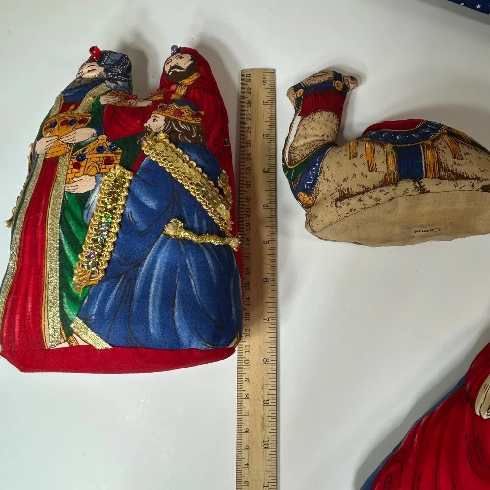 Vintage Soft Fabric Nativity Set 9pc Plush Manger Scene Stable Backdrop Glitter